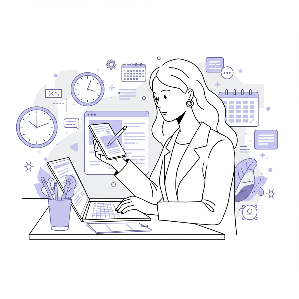 Chic line art: Stylized female entrepreneur reclaiming time with AI, pastel purple accent on digital notepad | Femmeprenista