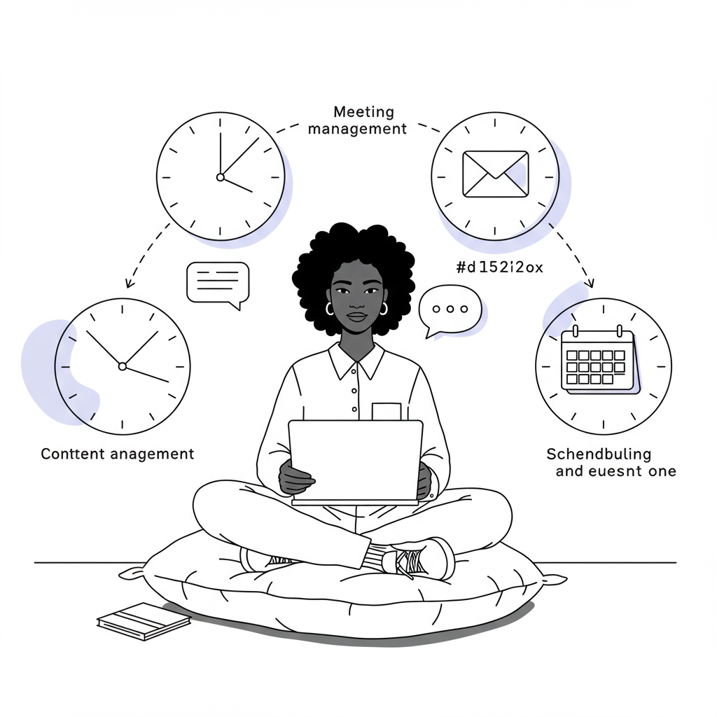 Line art: Black female entrepreneur effortlessly managing AI-powered time, pastel purple quill highlight | Femmeprenista