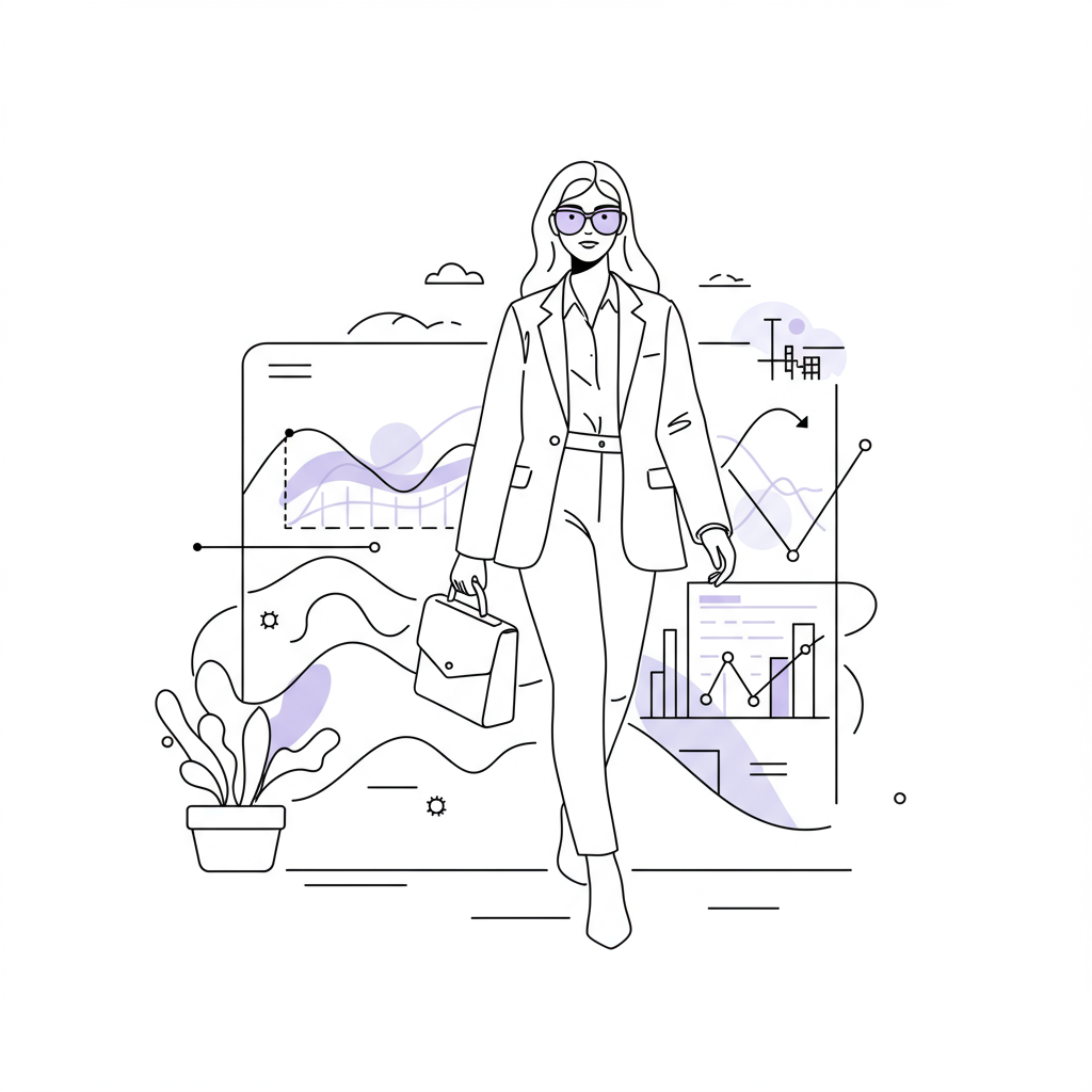 Chic line art: female entrepreneur strides forward, AI-vision glasses highlighted in pastel purple, representing market opportunity | Femmeprenista