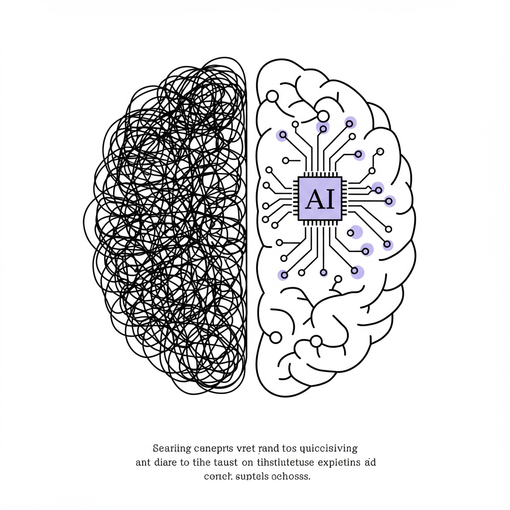 Modern line art: Brain halves show AI's chaotic to strategic clarity; purple accent on organized nodes | Femmeprenista