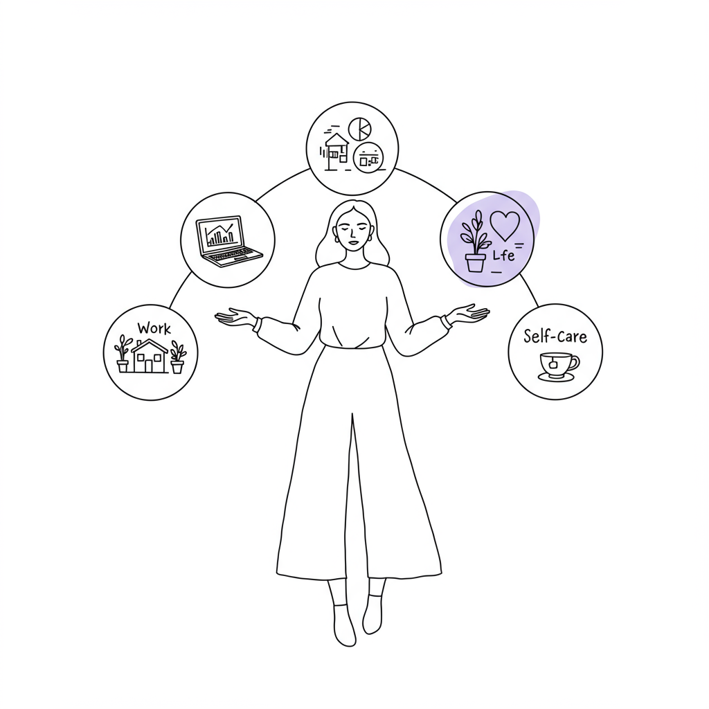 Line art: Woman juggling 'Work,' 'Life,' & pastel purple 'Self-Care' orbs, achieving authentic balance | Femmeprenista