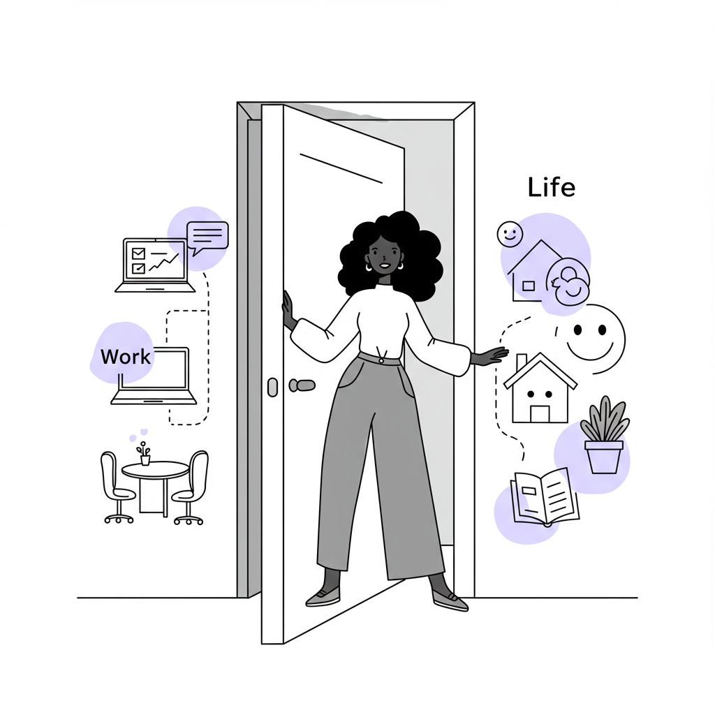 Line art: Black woman entrepreneur integrating work and life through an open door; pastel purple accent on smiling face icon | Femmeprenista