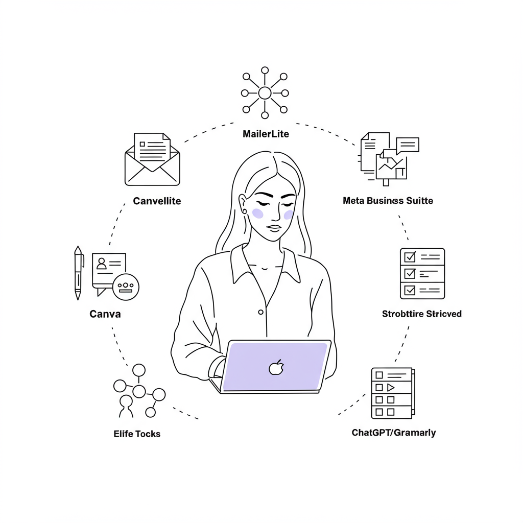 Modern line art: stylish female entrepreneur surrounded by icons of budget-friendly marketing tools, pastel purple laptop accent | Femmeprenista