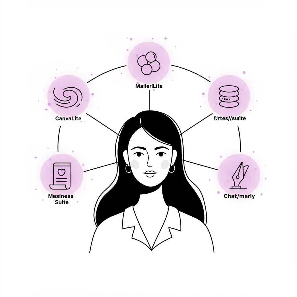 Line art of a female entrepreneur managing glowing marketing nodes, Canva highlighted in pastel purple | Femmeprenista