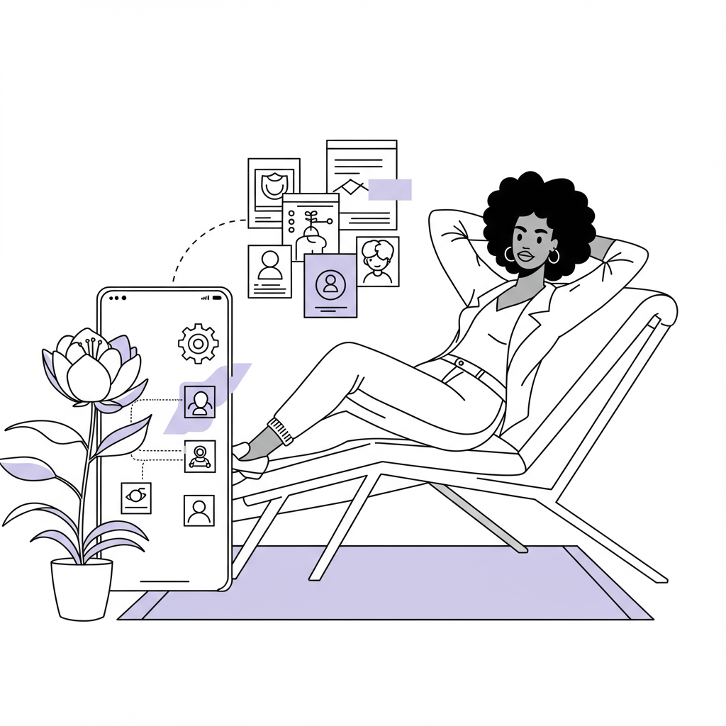 Black and white line art: Black female entrepreneur relaxing on chaise lounge with AI automation, pastel purple phone and petal | Femmeprenista