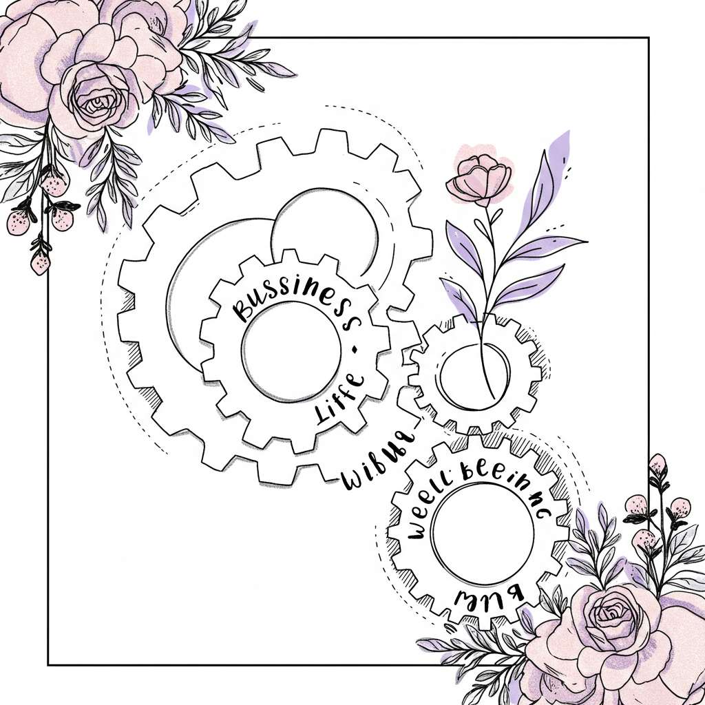 Line art: Interconnected gears symbolizing work-life integration, wellbeing plant with pastel purple blossom | Femmeprenista