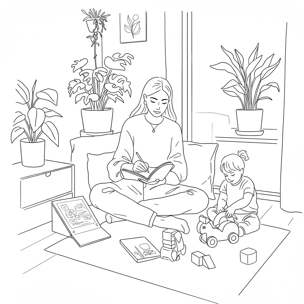 Elegant line art: Mom entrepreneur sketching with child playing, finding calm focus; pastel purple toy accent | Femmeprenista