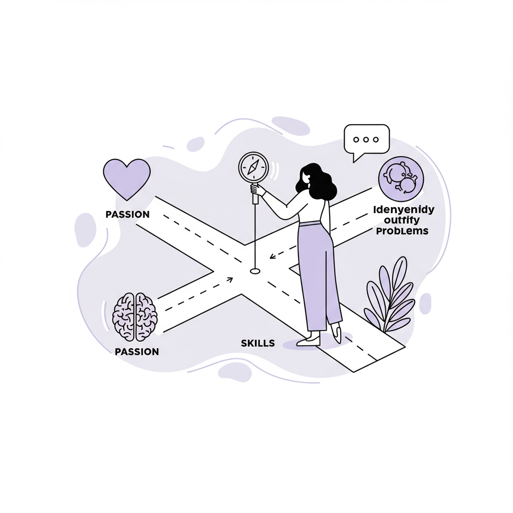 Chic line art: A female entrepreneur at a crossroads of passion, skills, and problems, navigates her path with a pastel purple compass | Femmeprenista