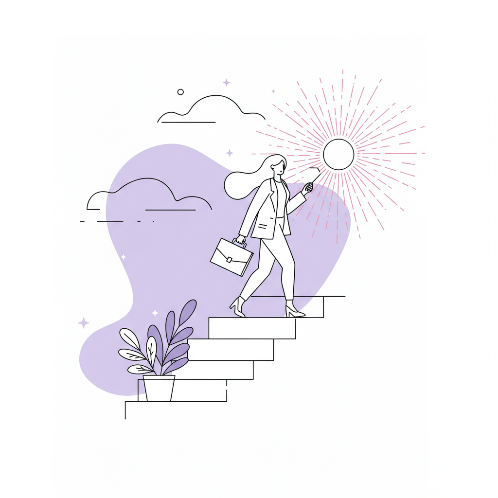 Line art: Empowered female entrepreneur strides towards success; pastel purple sunburst. Coaching for female entrepreneurs | Femmeprenista