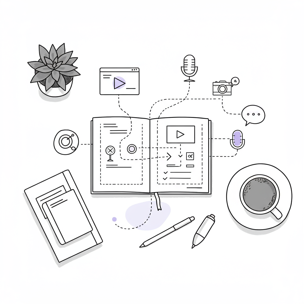 Chic line art: overhead minimalist desk with content system icons flowing from notebook, pastel purple coffee cup | Femmeprenista