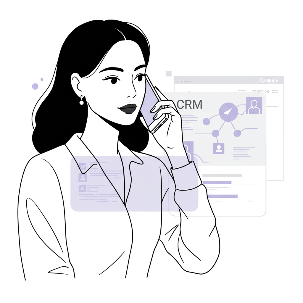 Chic line art: Empowered femmeprenista managing CRM systems with stylish efficiency; pastel purple accent on data interface | Femmeprenista