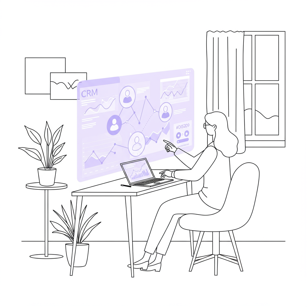 Chic line art: Female entrepreneur efficiently manages CRM data via holographic projection in her stylish home office, pastel purple accents | Femmeprenista