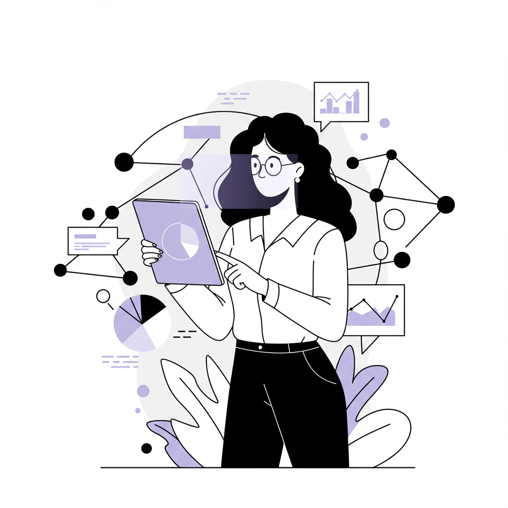 Modern line art: Mixed ethnicity female entrepreneur confidently using data-driven insights; pastel purple accent on tablet | Femmeprenista