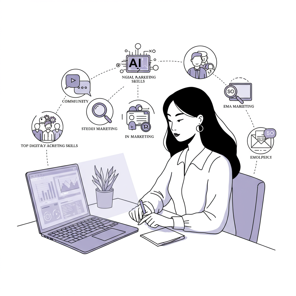 Chic black and white line art: Asian female entrepreneur mastering digital marketing skills; purple highlight on laptop | Femmeprenista