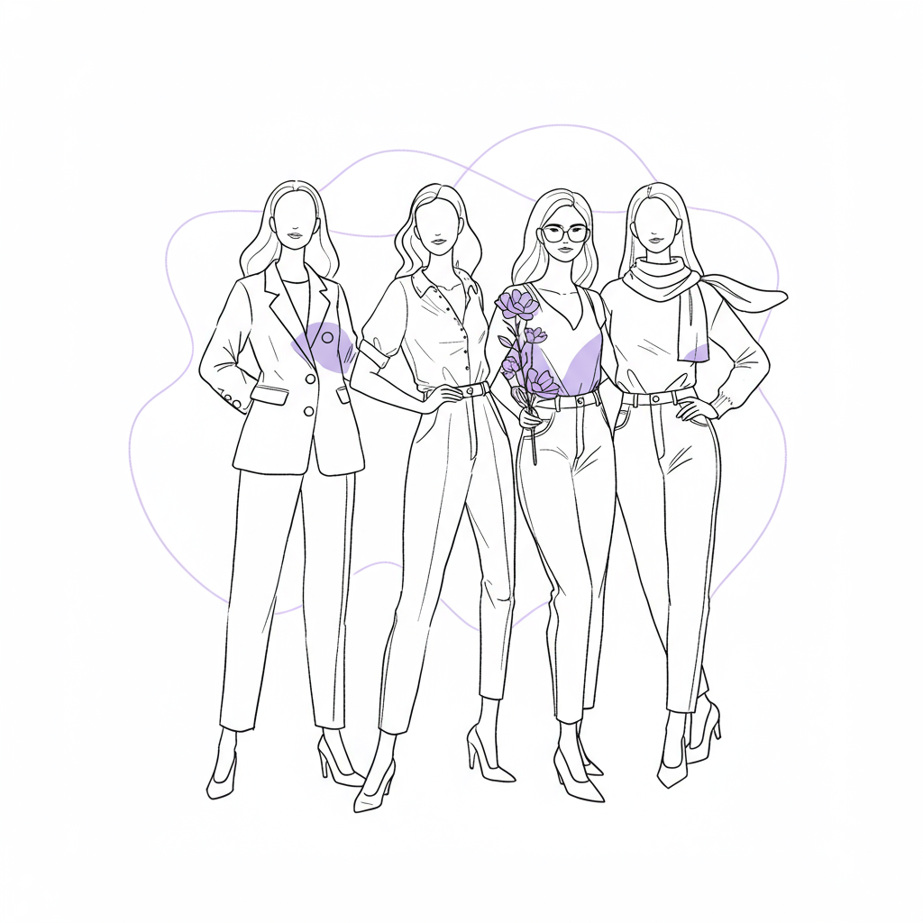 Line art of four stylized female figures representing personality types in business, connected by teamwork lines; purple details add chic flair | Femmeprenista