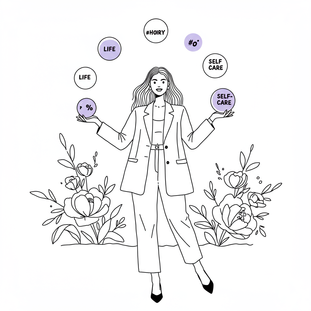 Line art: Female entrepreneur joyfully juggling life, work, and self-care (pastel purple orb) amidst blossoming growth | Femmeprenista