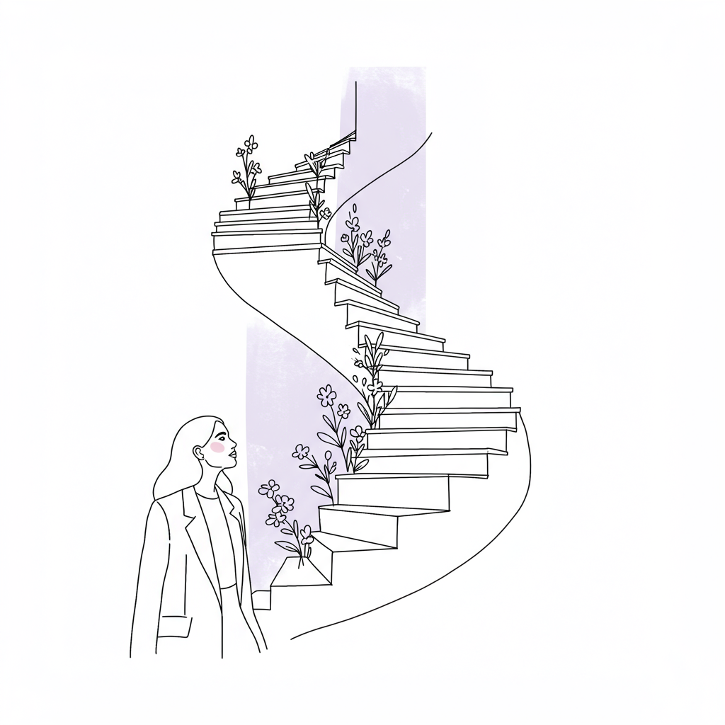 Elegant line art: A female entrepreneur gazes upward at a spiraling staircase to her dream life, pastel purple light | Femmeprenista