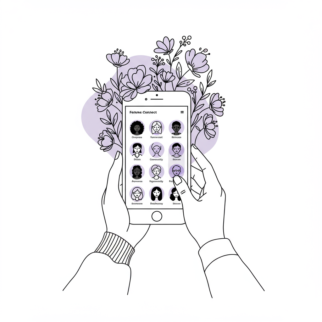 Chic line art: Diverse hands holding phone with blossoming flowers above, connecting female entrepreneurs; pastel purple accents | Femmeprenista