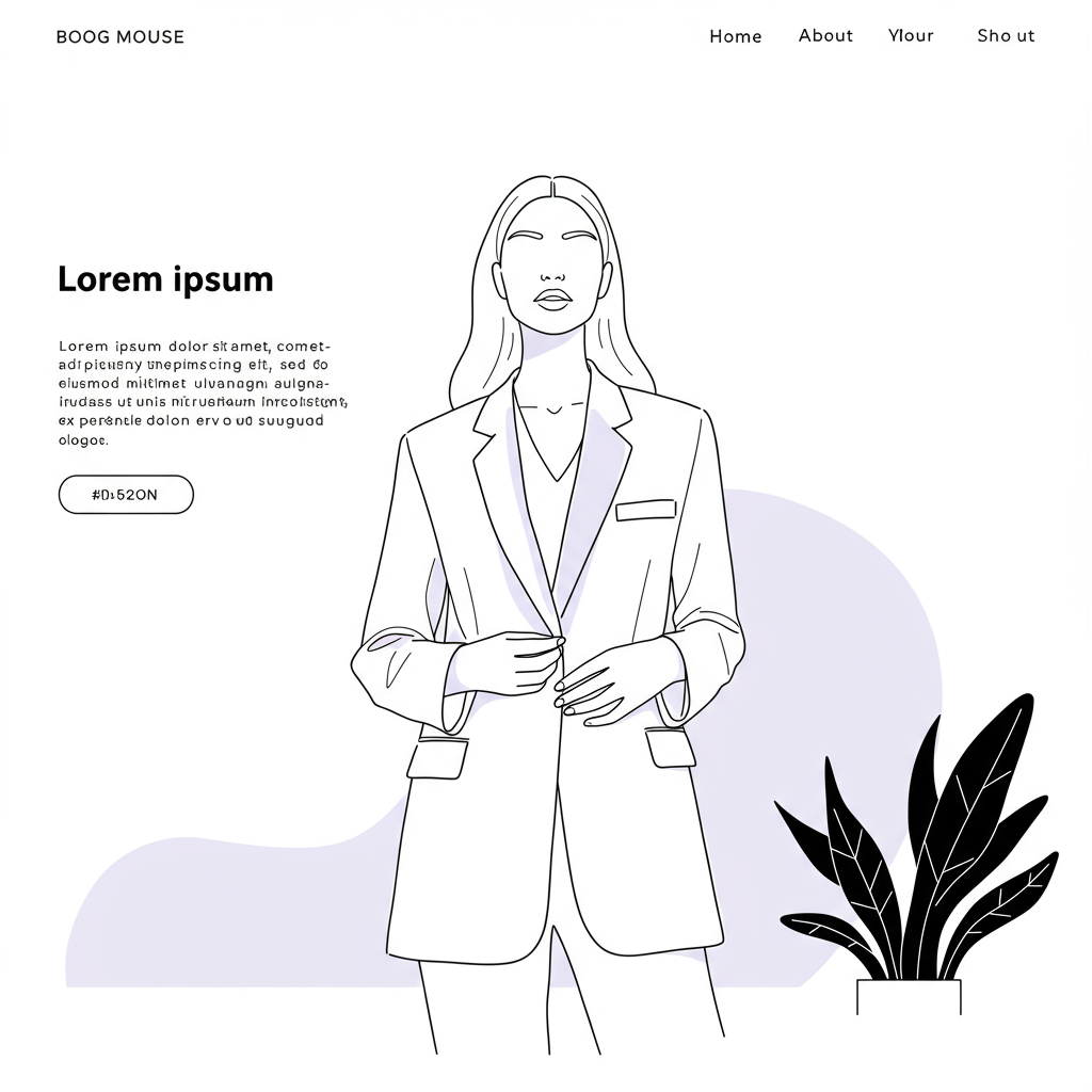 Chic black and white line art of a self-assured female entrepreneur in a blazer, pastel purple lapel accent conveys authority | Femmeprenista