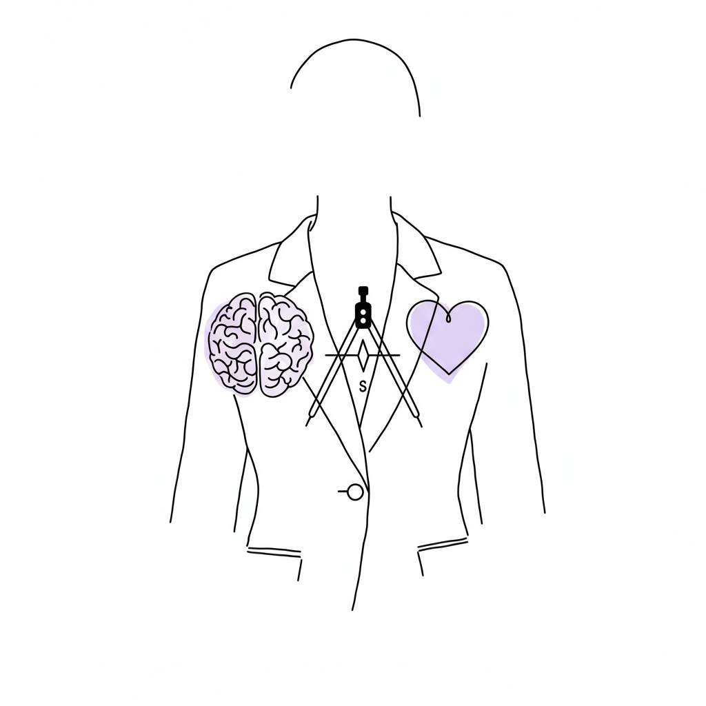 Chic line art "power suit" of brain, heart, and compass, symbolizing female entrepreneur professional identity; purple compass accent | Femmeprenista
