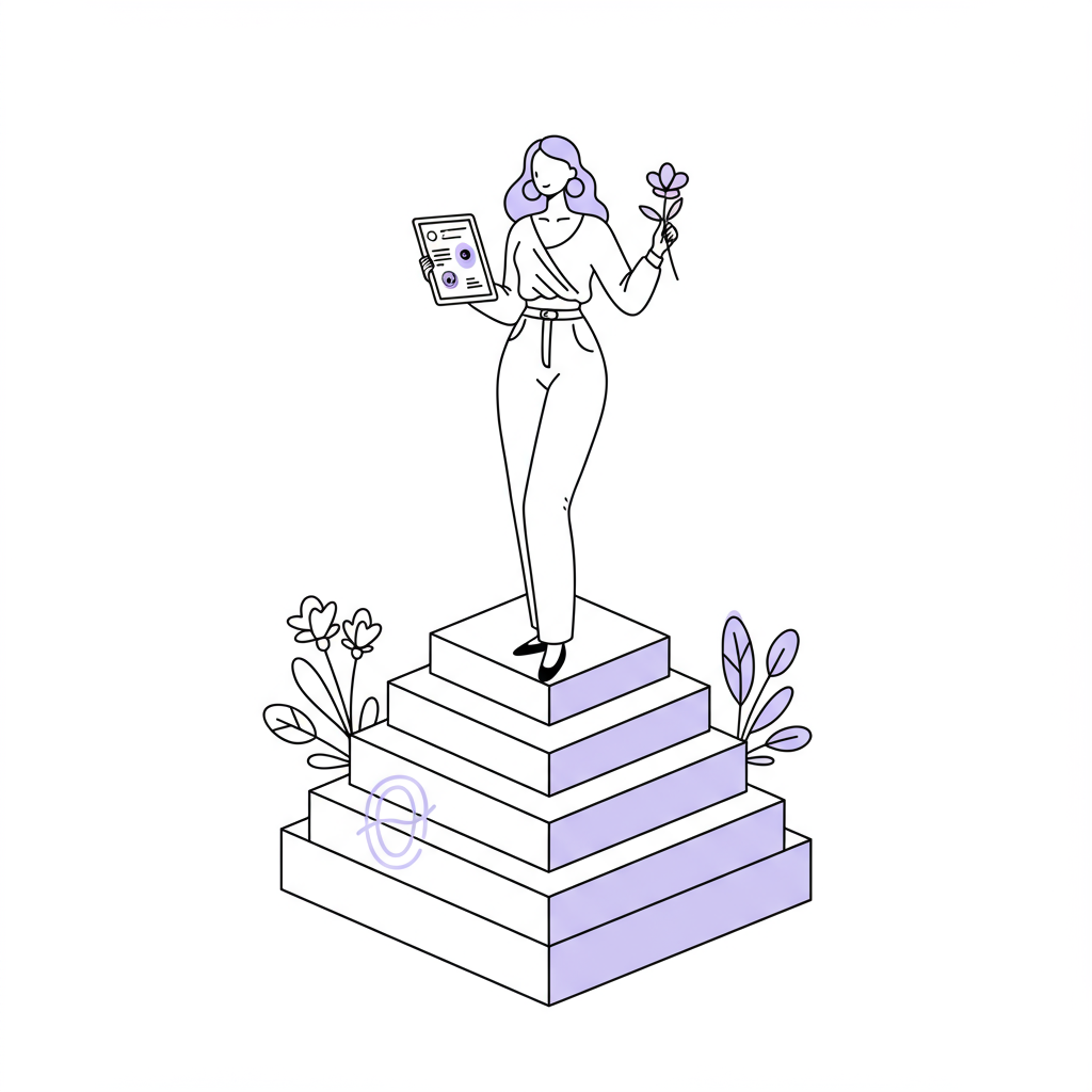 Chic black and white line art: Femmeprenista on the Operating System platform, holding tablet and pastel purple flower | Femmeprenista
