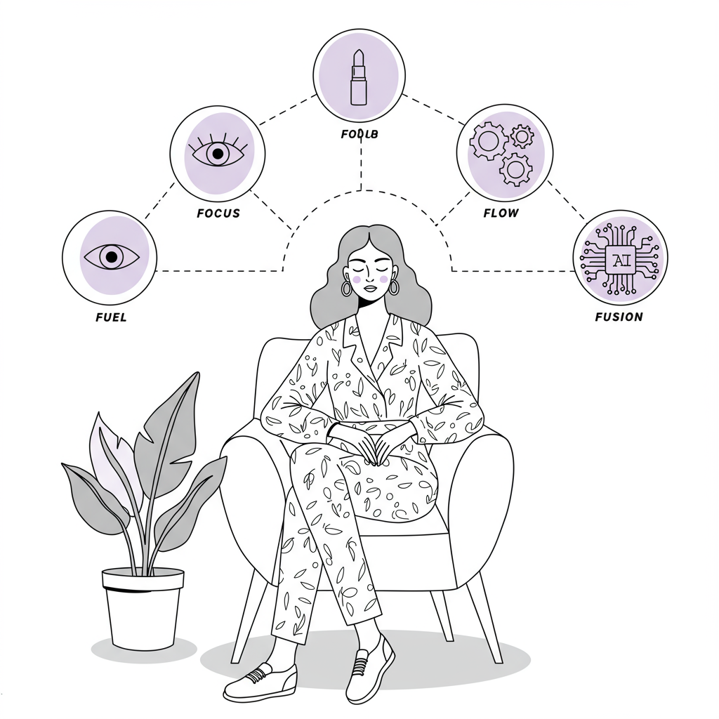 Chic line art: Femmeprenista finds wellbeing, interconnected icons represent Focus, Flair, Flow, Fusion; pastel purple leaf detail | Femmeprenista