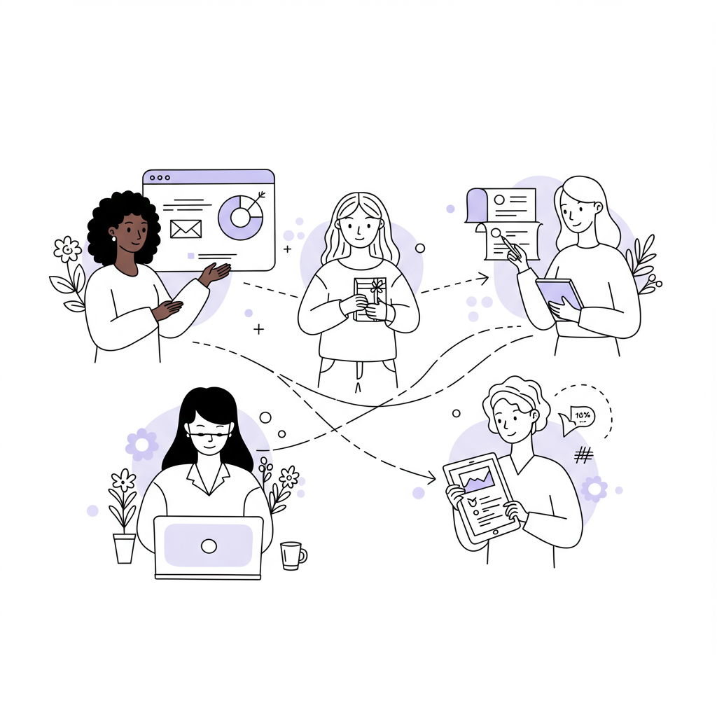 Chic line art showcases three diverse femmeprenistas thriving in online coaching, e-commerce, and design, united by the Business Flourish Framework; pastel purple accents | Femmeprenista