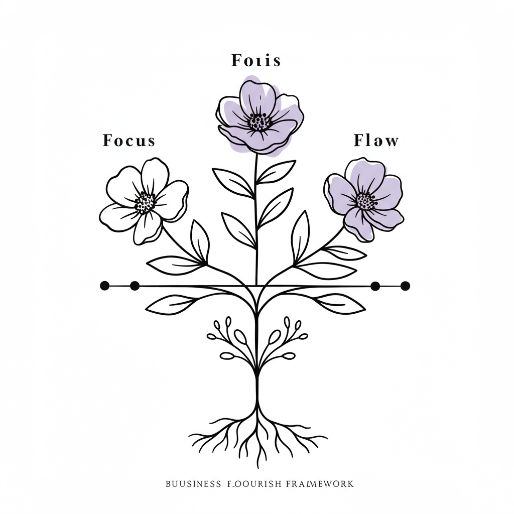 Chic line art: "Business Flourish Framework" trellis with Focus, Flair (purple accent), & Flow blooms, symbolizing Femmeprenista community support | Femmeprenista