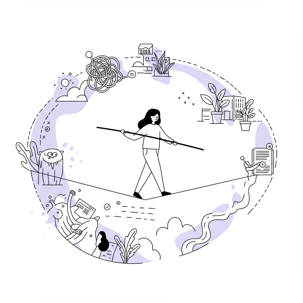 Chic line art: female entrepreneur tightrope walker conquers challenges, walking toward business success with pastel purple accent | Femmeprenista