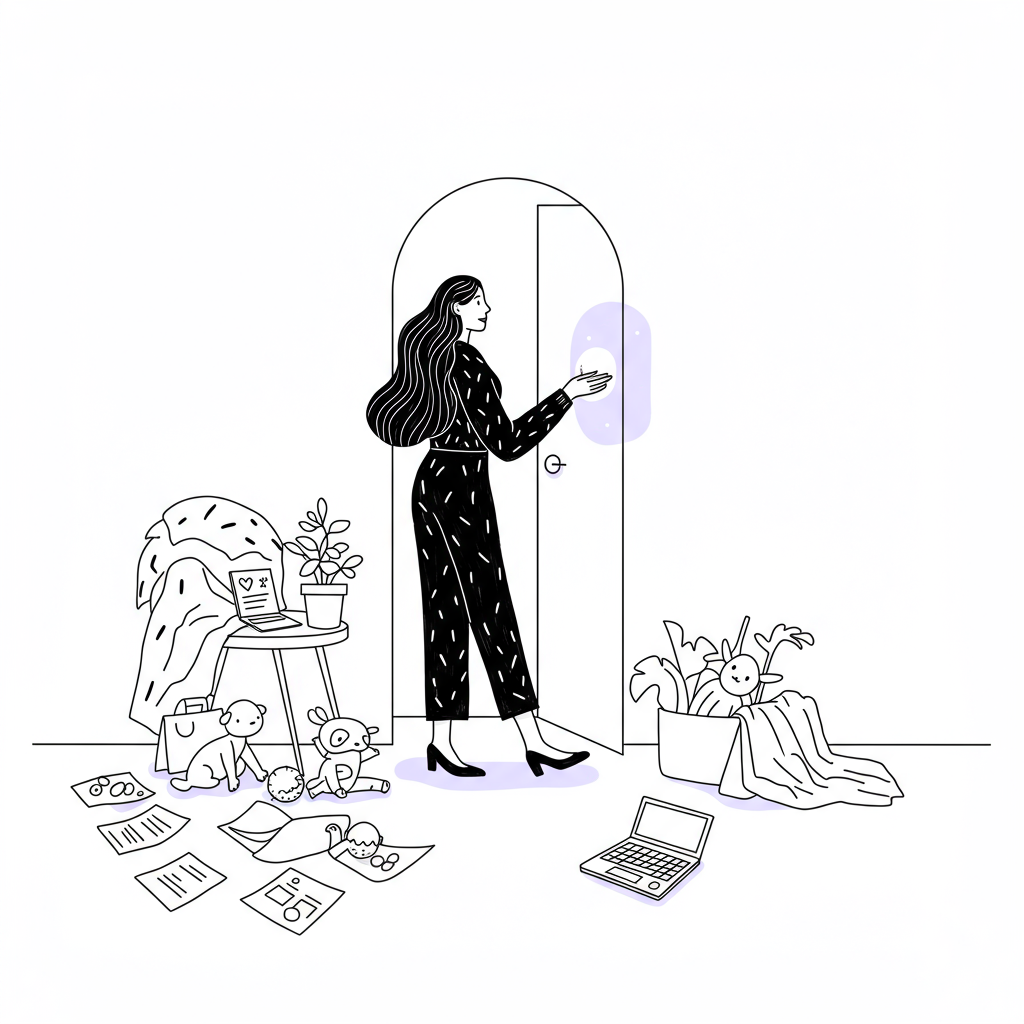 Elegant line art: Woman transitioning from chaos to a focused home, pastel purple archway | Femmeprenista