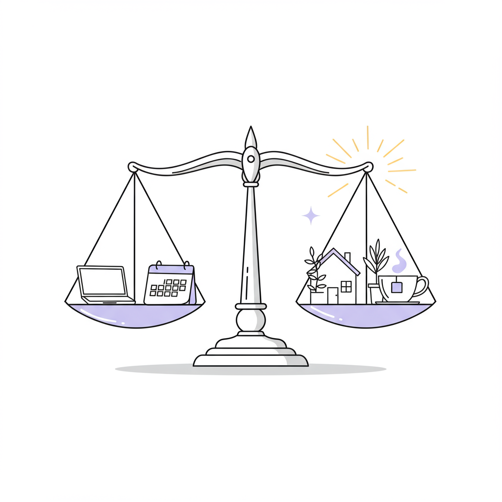 Black and white line art balancing work icons with home/self-care; pastel purple heart detail suggests wellbeing empowers success | Femmeprenista