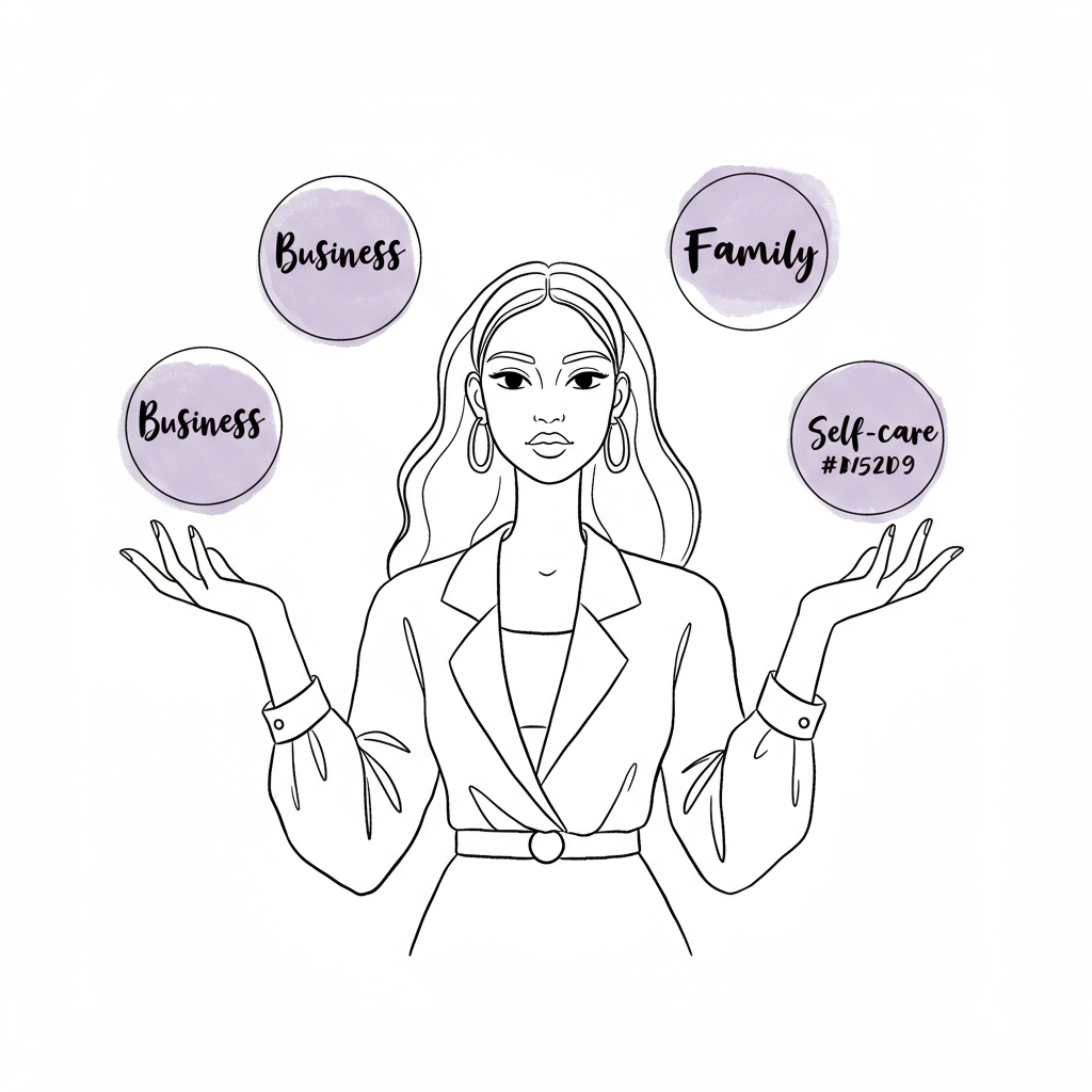 Elegant line art of a femmeprenista calmly juggling business, family, and self-care (highlighted in pastel purple) | Femmeprenista