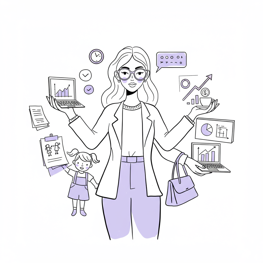 Chic line art: Mum in business embraces intentional imperfection juggling tasks with stylish purple glasses | Femmeprenista