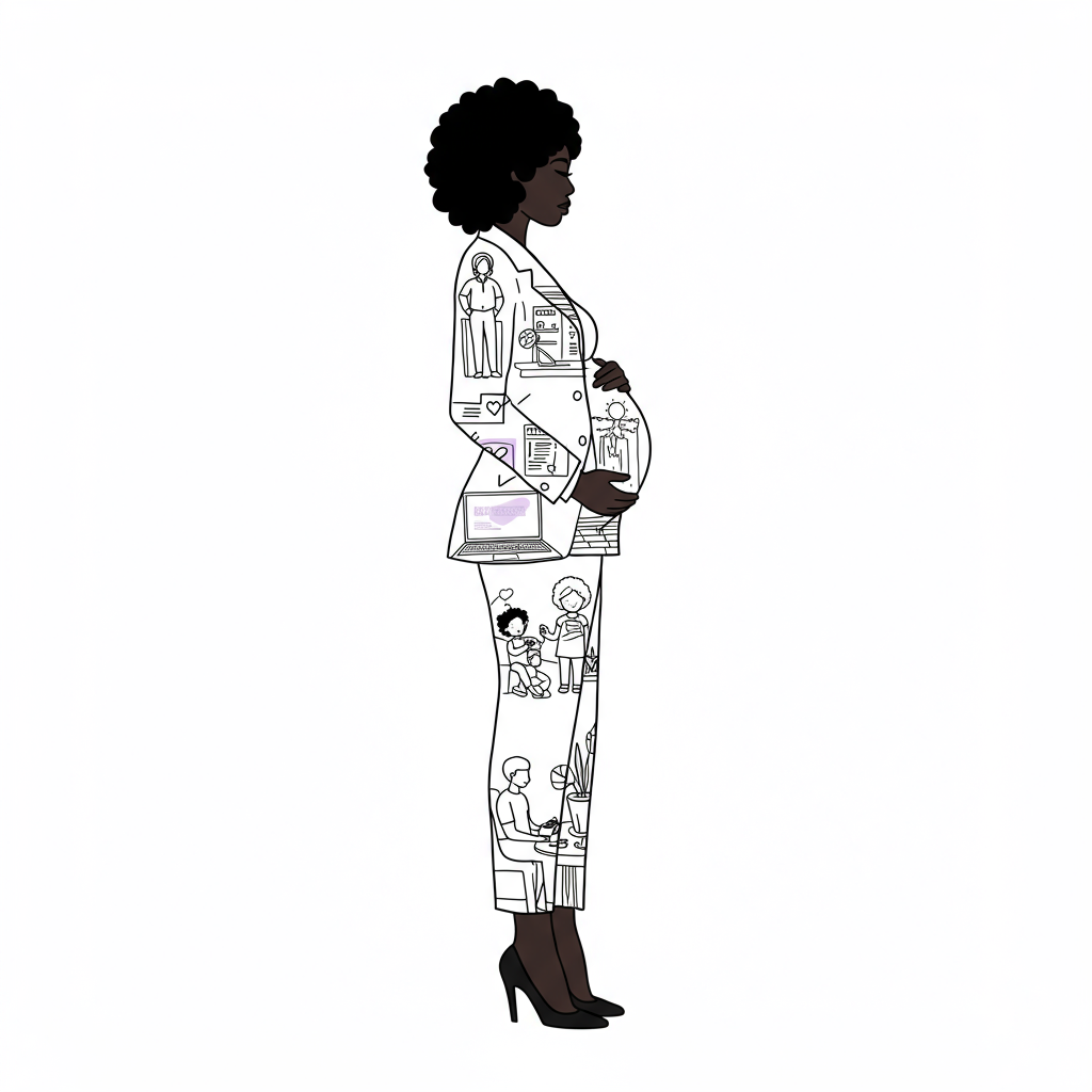 Black and white fashion illustration: Pregnant Black woman entrepreneur silhouette with laptop, children, and diploma icons, pastel purple laptop screen | Femmeprenista