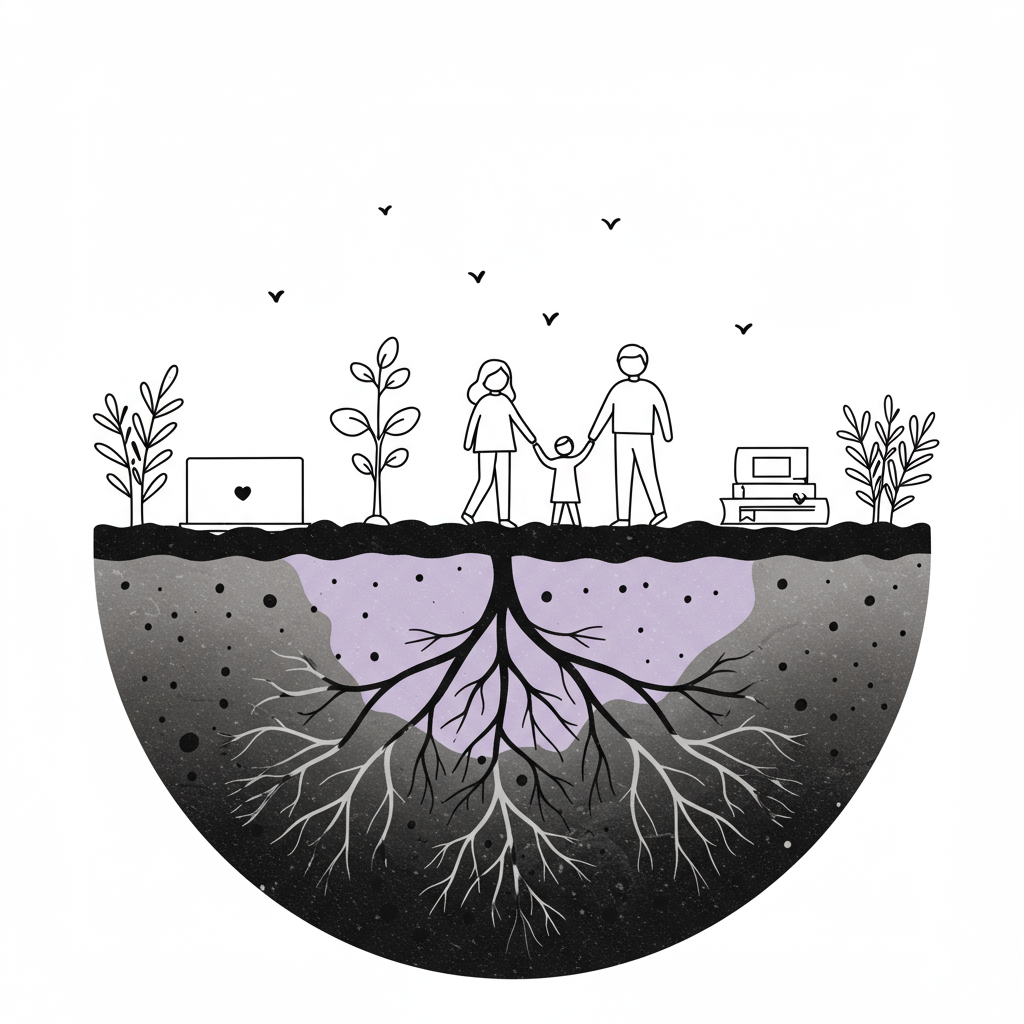 Line art: Interconnected roots nourishing business, family, and growth, pastel purple soil. Motherhood and entrepreneurship | Femmeprenista