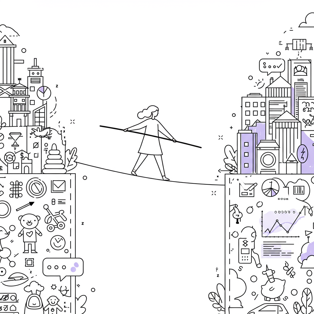 Line art: Mumpreneur balancing family & business on a pastel purple tightrope; modern, chic illustration | Femmeprenista