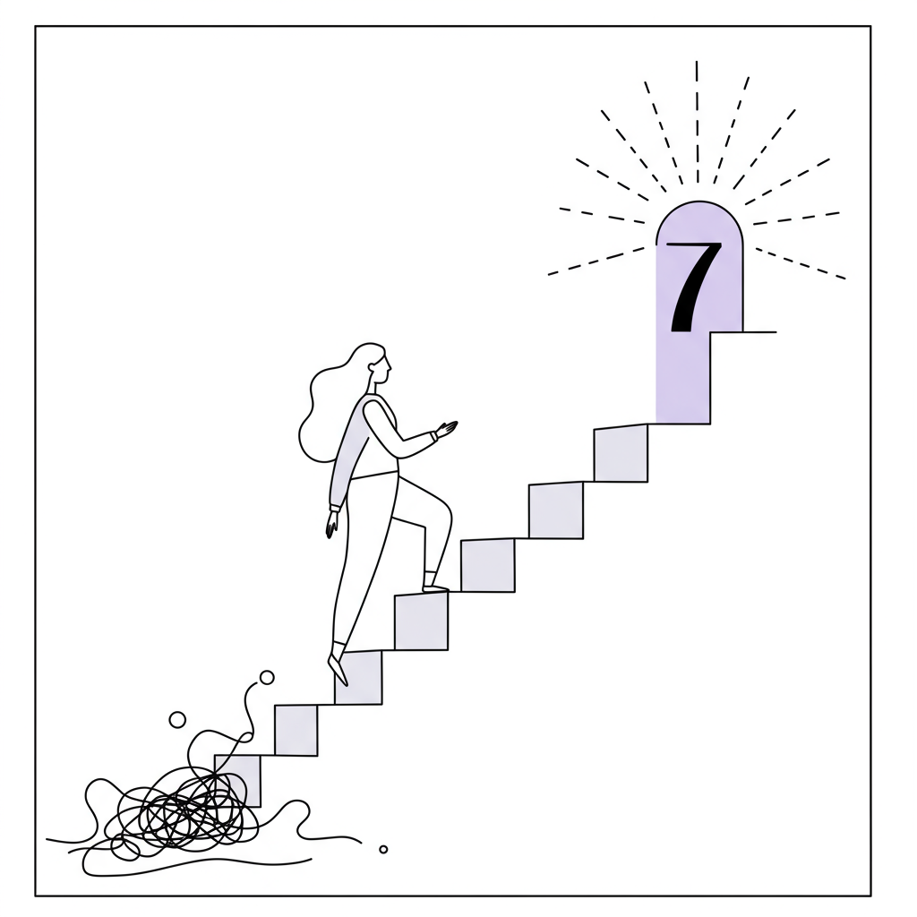 Elegant line art: Female founder confidently scaling a service business staircase to 7-figures; sun highlighted in pastel purple | Femmeprenista