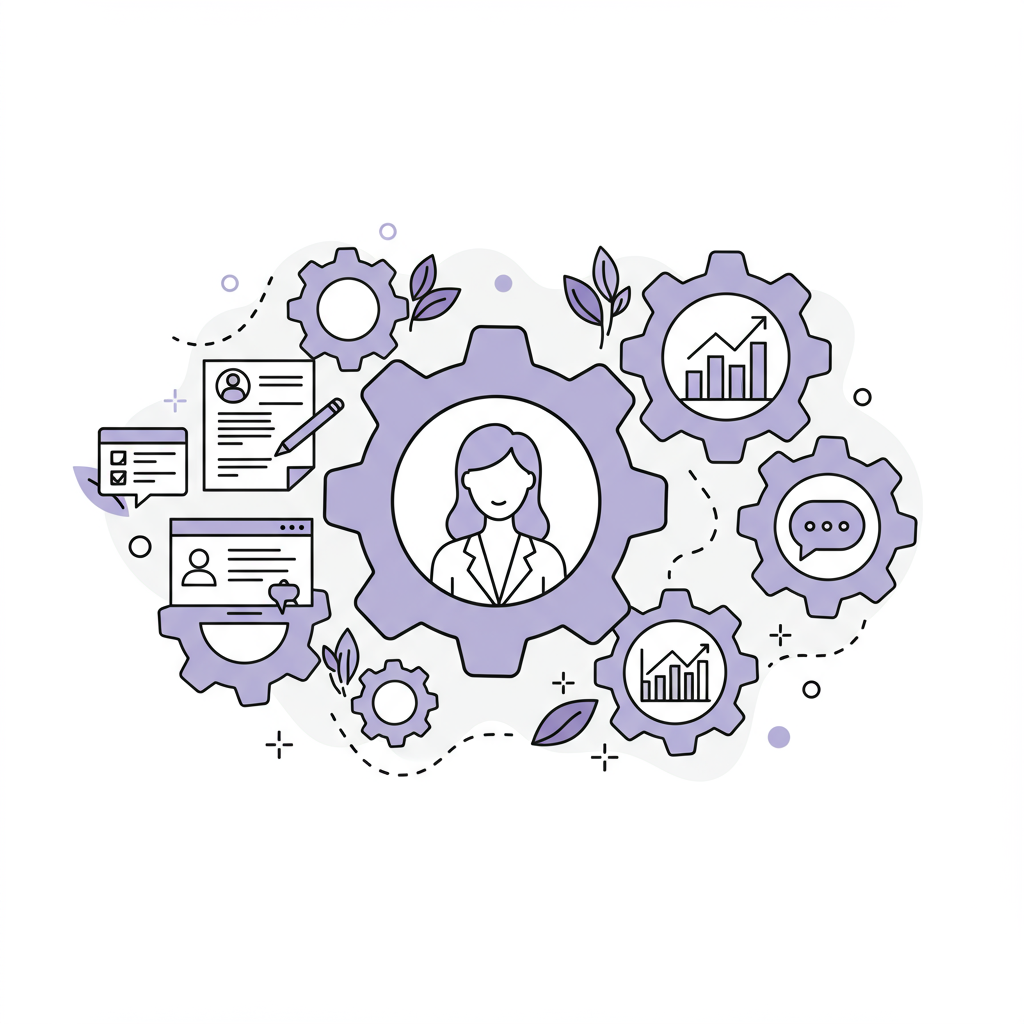 Chic line art: Interconnected floral gears symbolize intelligent systems driving service business growth; pastel purple highlight on female founder | Femmeprenista