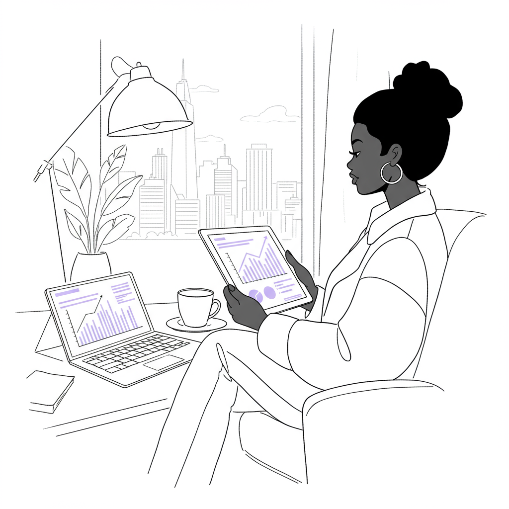 Line art: Black woman entrepreneur overlooking cityscape with growth charts on tablet, pastel purple accent, modern office | Femmeprenista