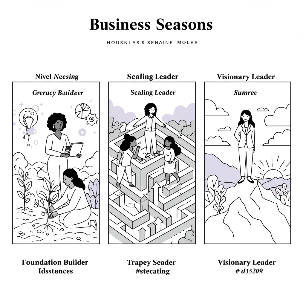 Black and white line art triptych of diverse female entrepreneurs through business seasons: foundation, scaling, visionary; pastel purple sunrise accent | Femmeprenista