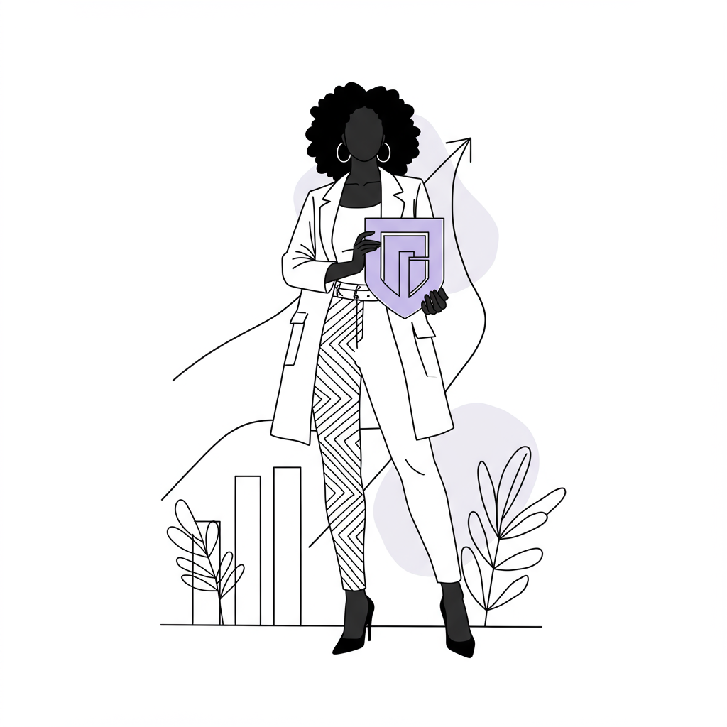 Chic line art: Empowered Black female entrepreneur with unshakeable fortitude, holding geometric shield with pastel purple accent | Femmeprenista