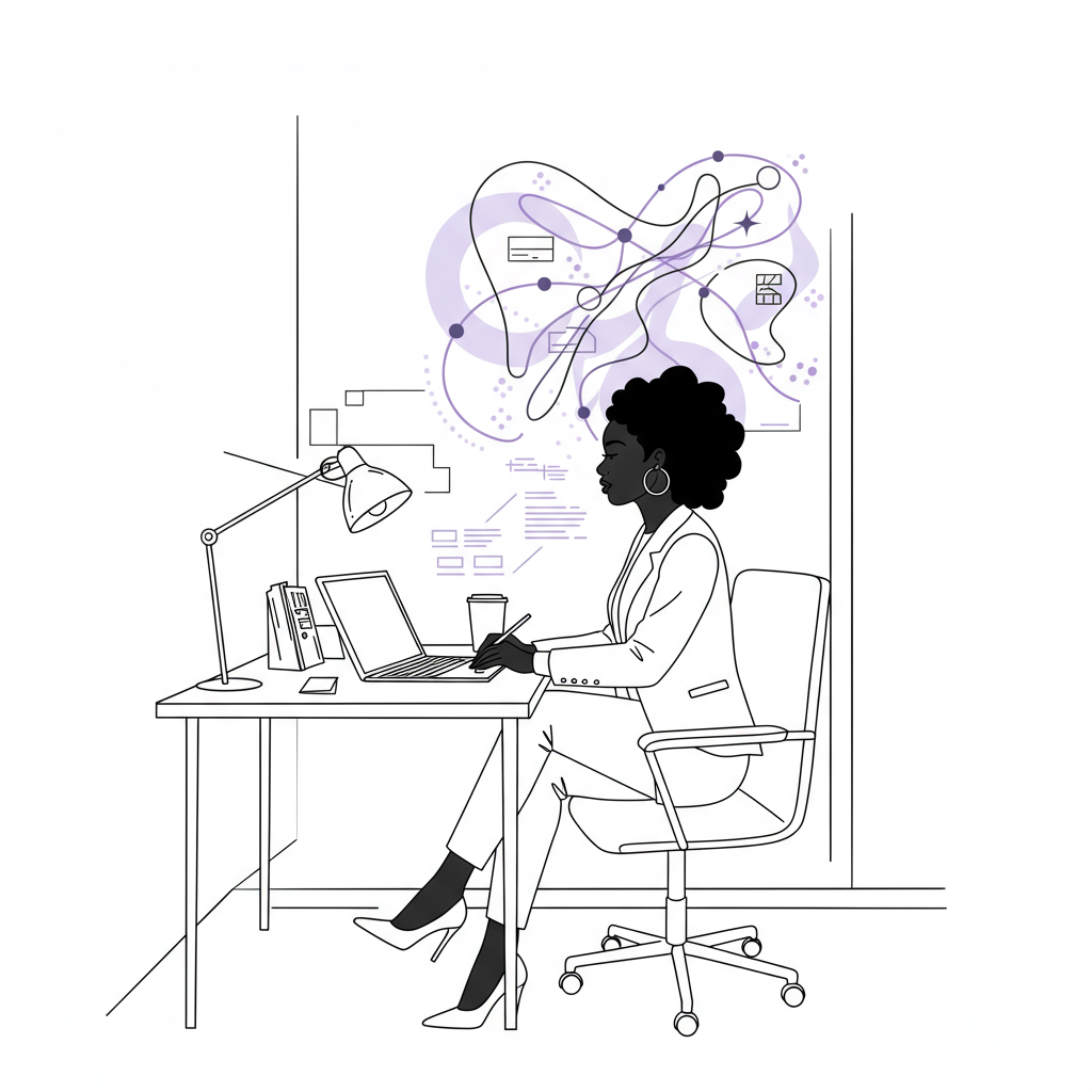 Black female entrepreneur in chic line art, representing visionary business leadership; pastel purple accent on flourish detail | Femmeprenista