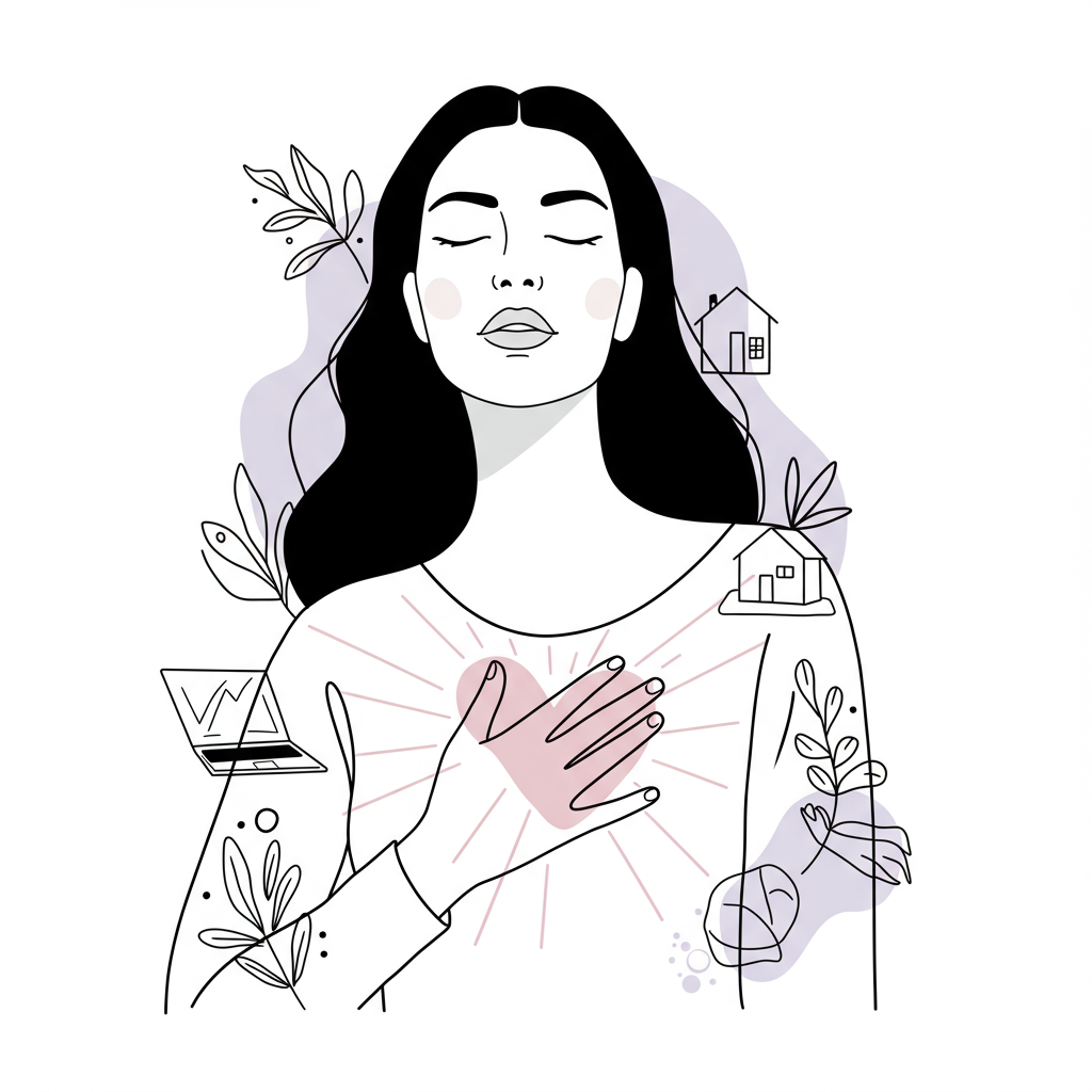Chic black and white line art: Female entrepreneur radiating purpose; pastel purple heart highlights balance of life and business | Femmeprenista