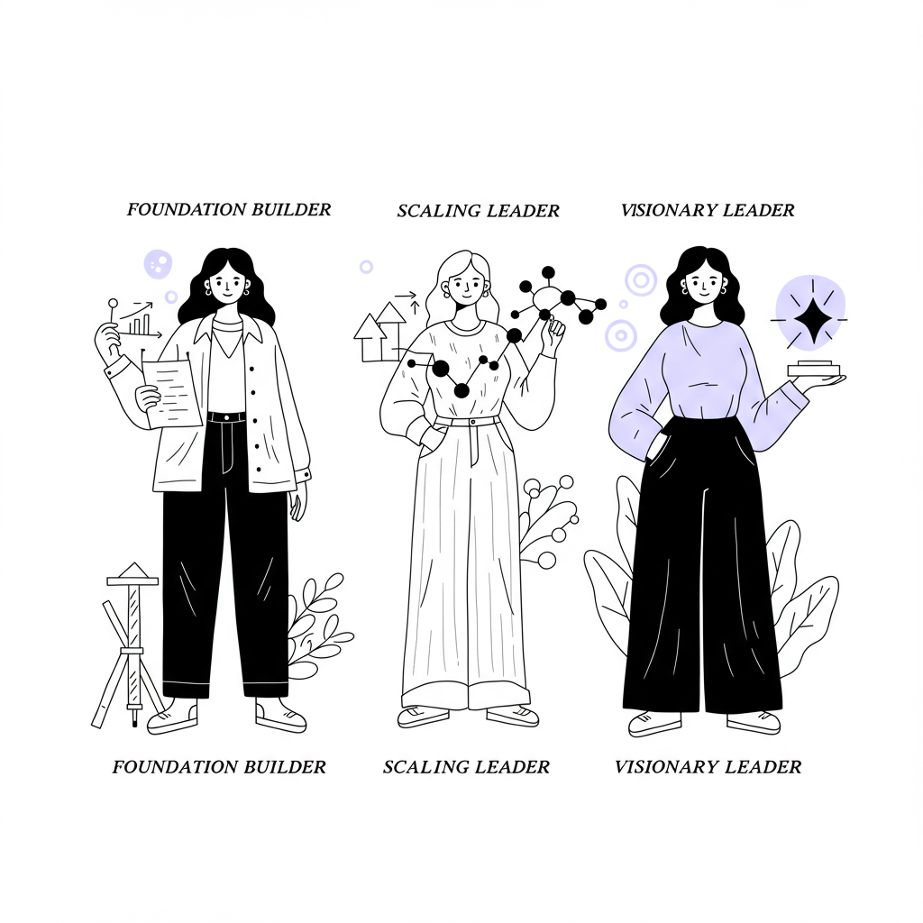 Elegant line art: Three stylized female figures representing Femmeprenista leadership archetypes; pastel purple accent on visionary leader’s star | Femmeprenista