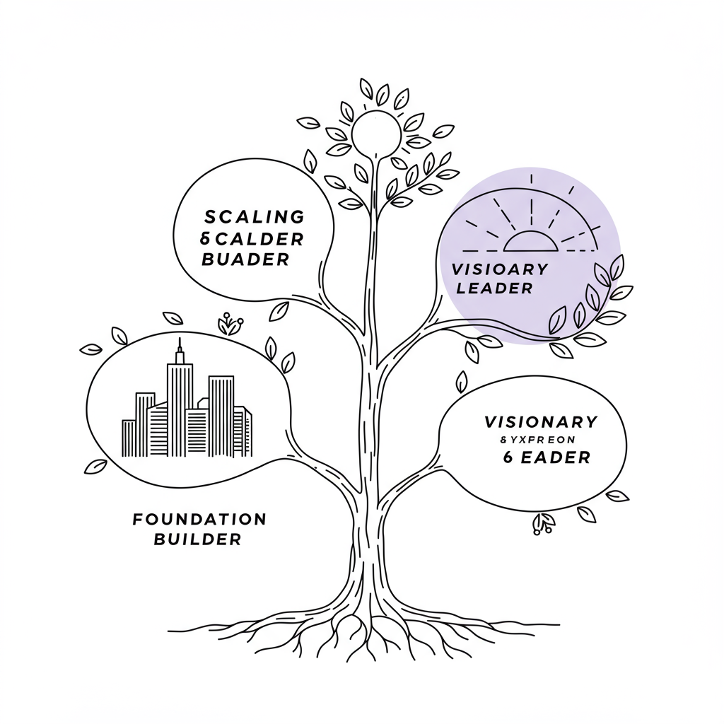 Chic line art: Stylized tree with deep roots & branches representing holistic growth, purple sun highlights visionary leadership | Femmeprenista
