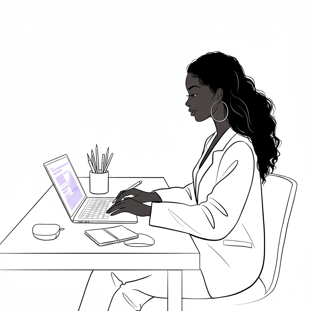 Chic line art of a Black woman entrepreneur focused on her laptop; pastel purple screen emphasizes tech mastery | Femmeprenista
