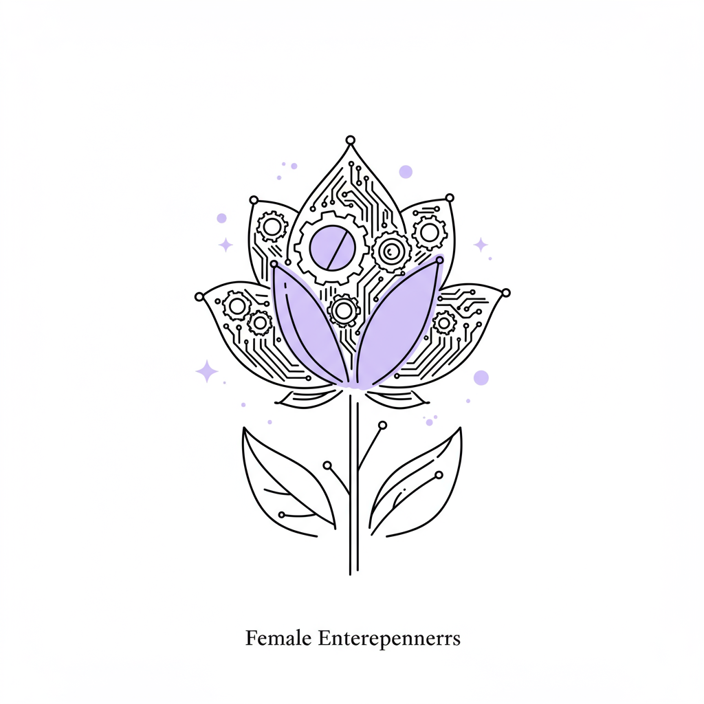 Chic line art: Tech and nature blend in a blossoming flower made of gears, black and white with pastel purple accent | Femmeprenista