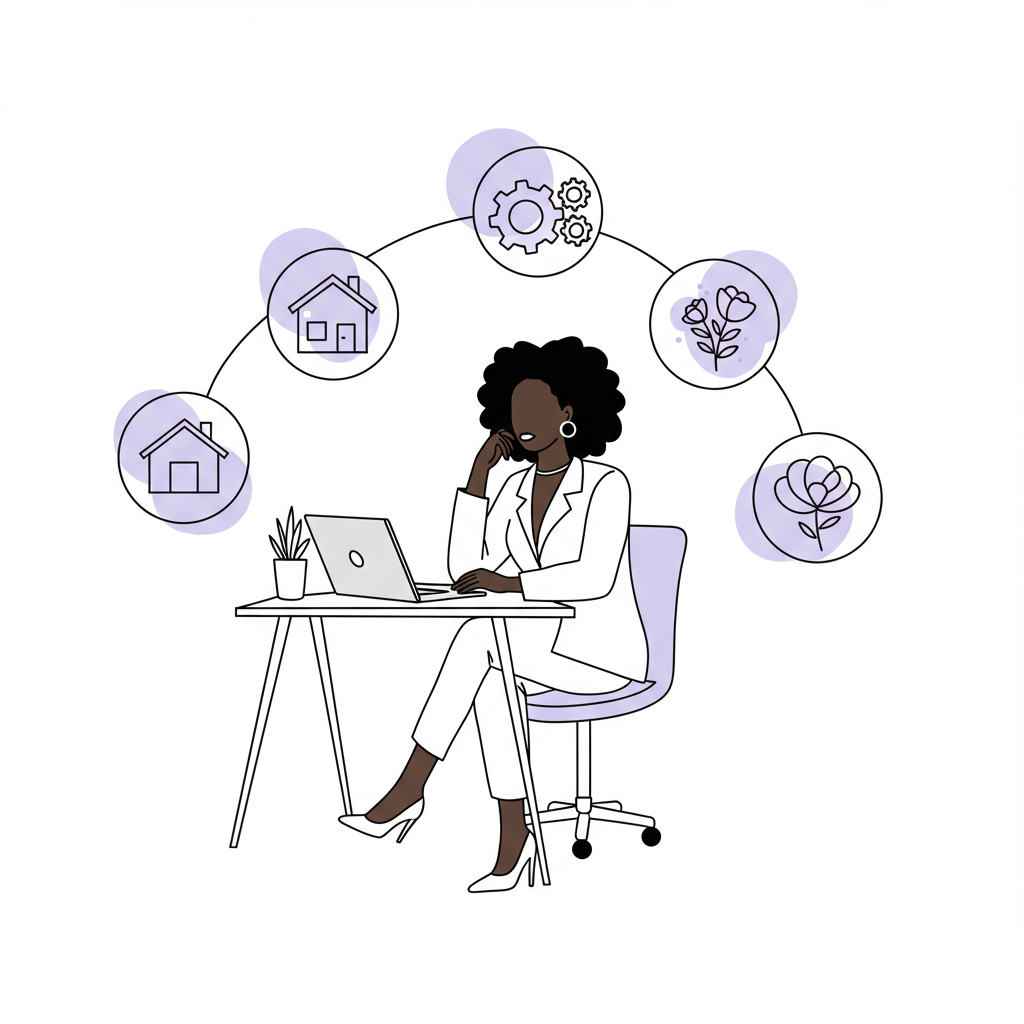 Elegant line art of a Black mumpreneur at her desk, balancing family, business, and self-care, with pastel purple flower accent | Femmeprenista