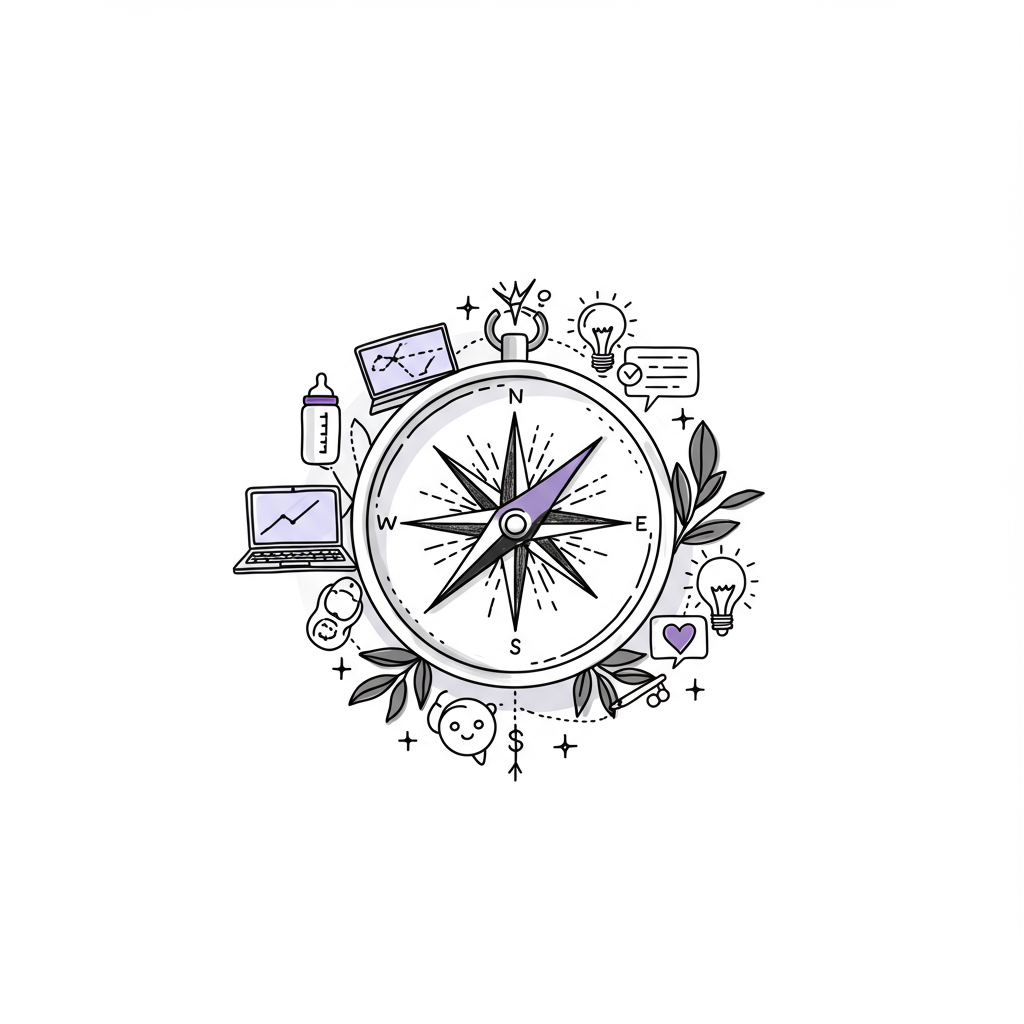 Stylized compass points to a radiant North Star, icons symbolize a mum's journey; pastel purple lightbulb | Femmeprenista