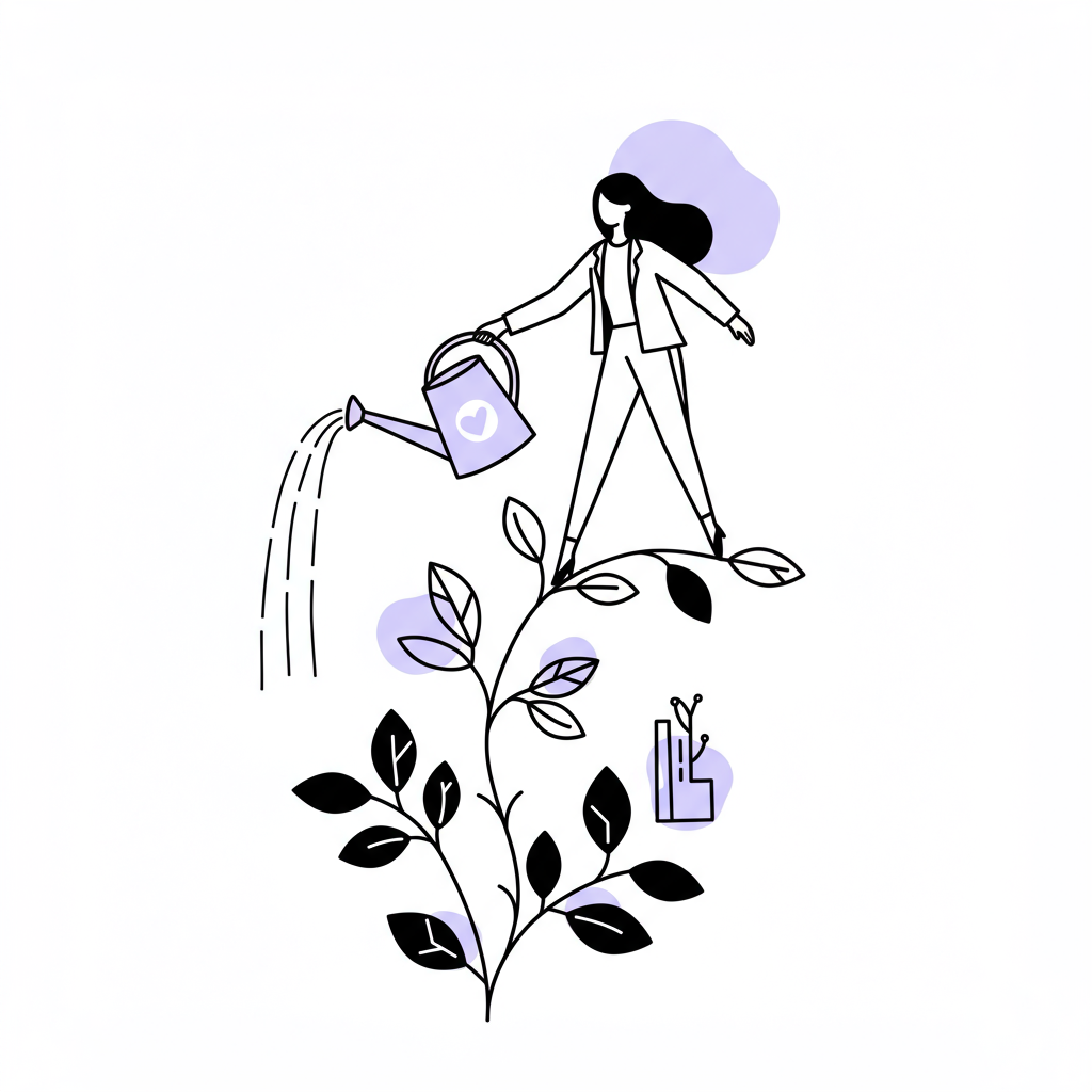 Chic line art: Female entrepreneur balancing on a vine, watering can highlighted in pastel purple, symbolizing work-life balance | Femmeprenista
